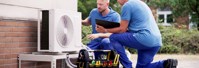 Two men outside on clear cry day, wearing blue polo shirts, kneeling down fixing a heat pump