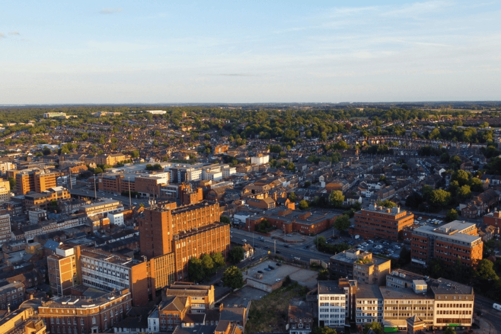 Aerial shot of Luton city centre
