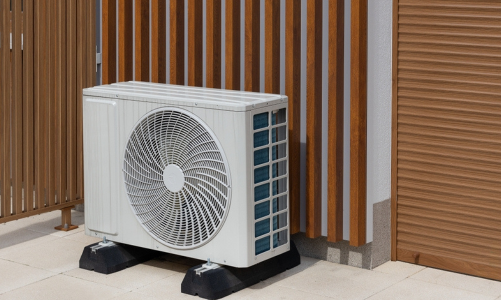 Modern Heat Pump Unit Outside Building