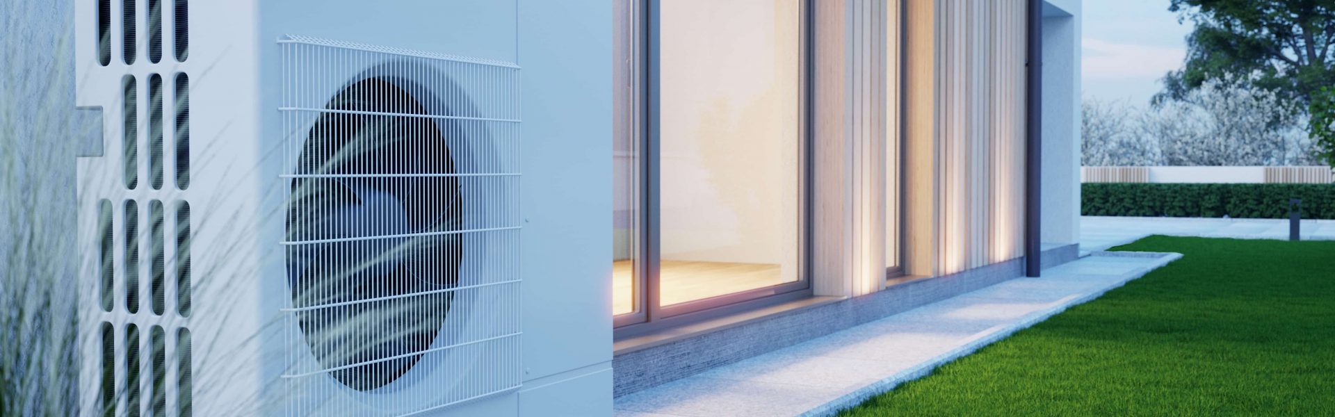 Air heat pump beside house